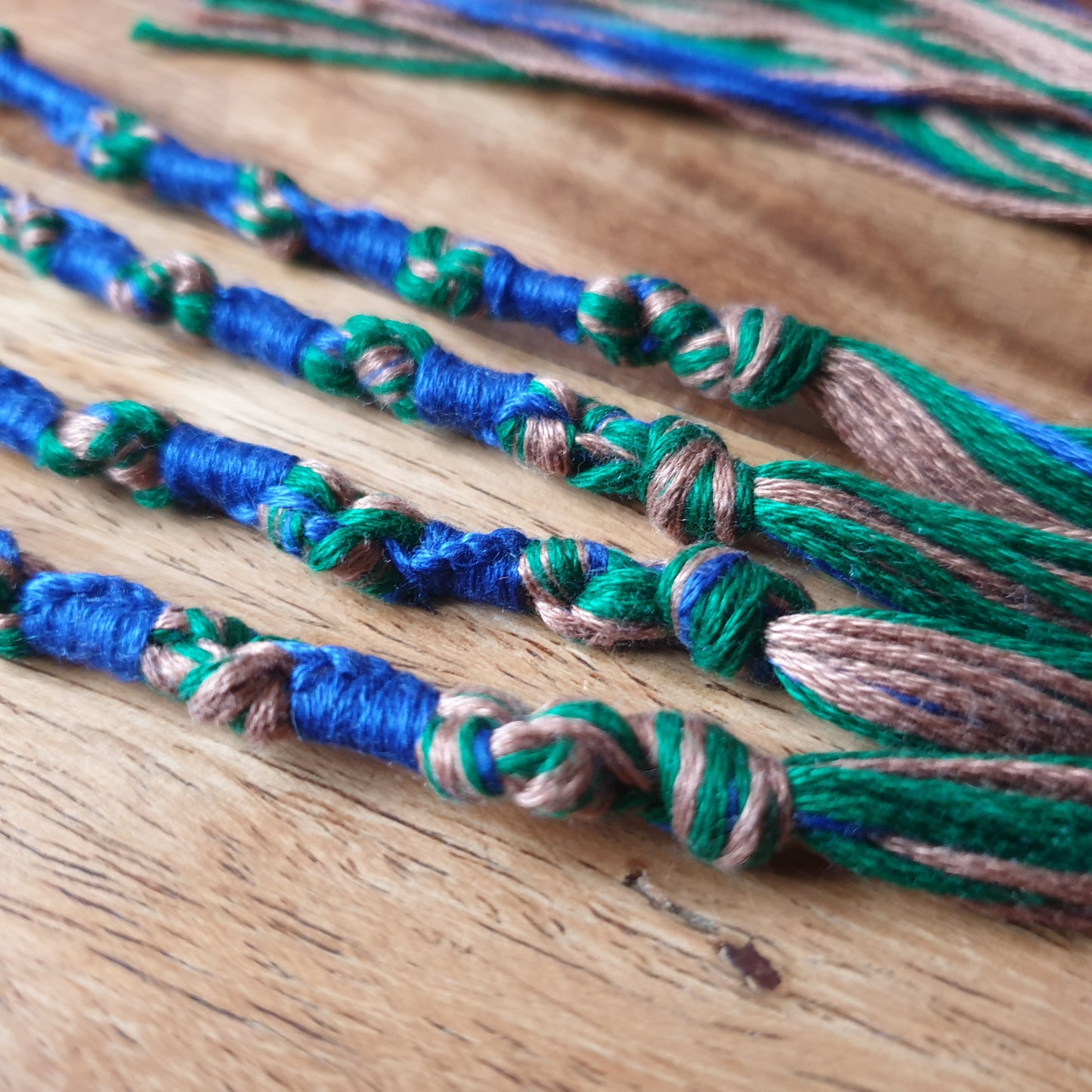 Tzitzit set of 4 - Green, Brown & Blue, Knotted YHWH (10-5-6-5), Traditional Tassels, Torah Fringe