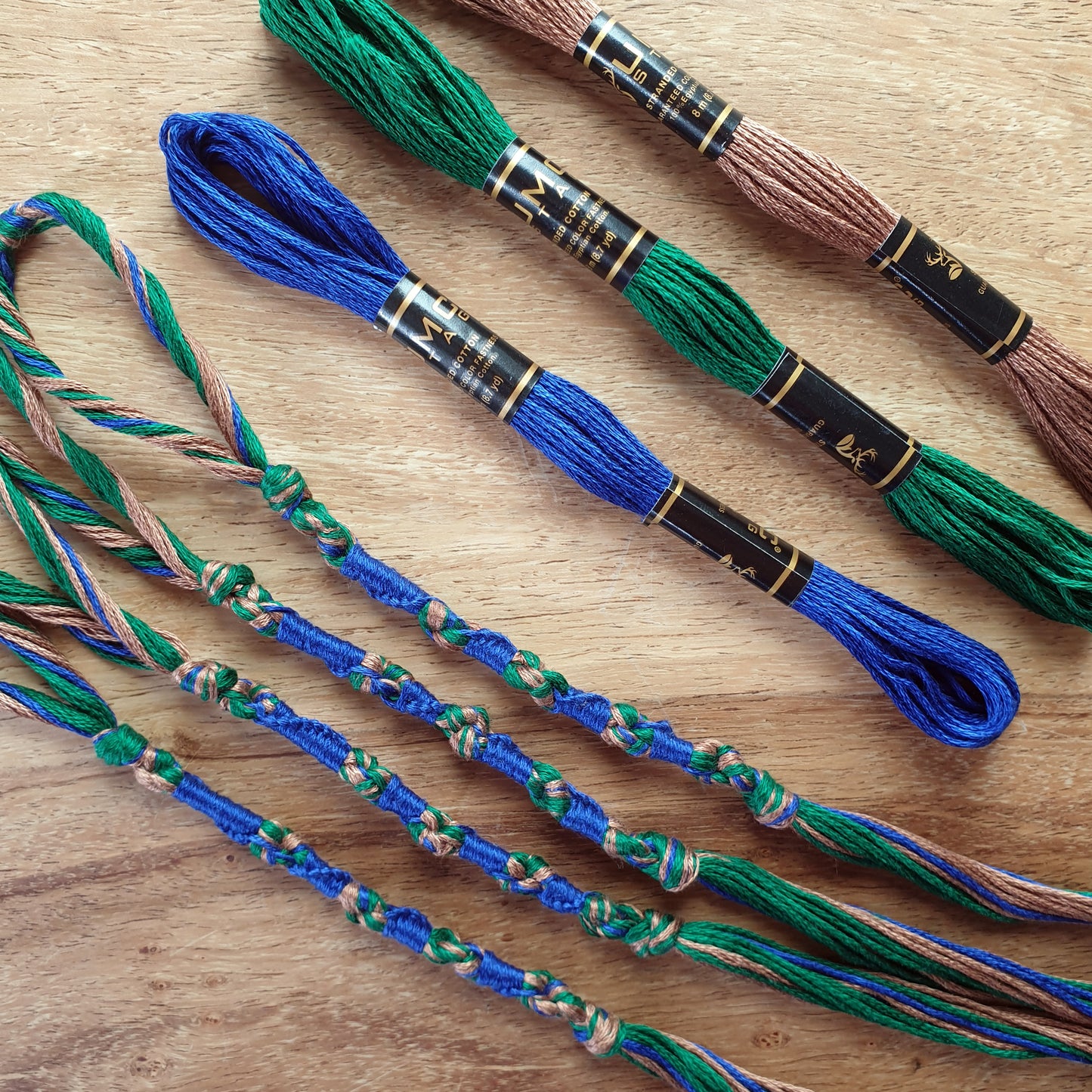 Tzitzit set of 4 - Green, Brown & Blue, Knotted YHWH (10-5-6-5), Traditional Tassels, Torah Fringe