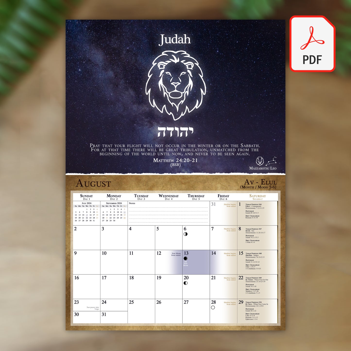 (Digital Version) Biblical Calendar from April 2026 to March 2027 | YHVH's Feast Days, New Moon Dates, Shabbat Torah Portion Schedule, Mazzaroth