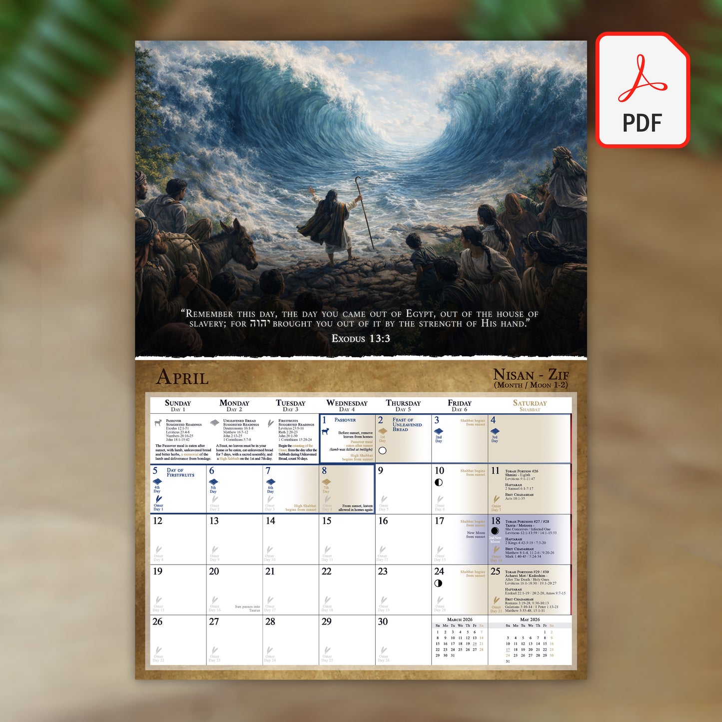 (Digital Version) Biblical Calendar from April 2026 to March 2027 | YHVH's Feast Days, New Moon Dates, Shabbat Torah Portion Schedule, Mazzaroth