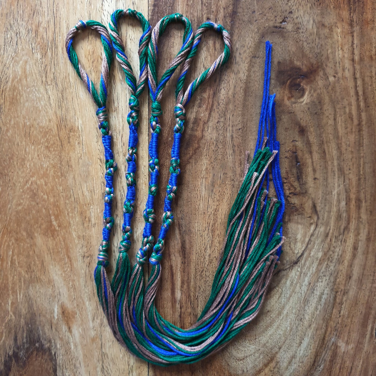Tzitzit set of 4 - Green, Brown & Blue, Knotted YHWH (10-5-6-5), Traditional Tassels, Torah Fringe