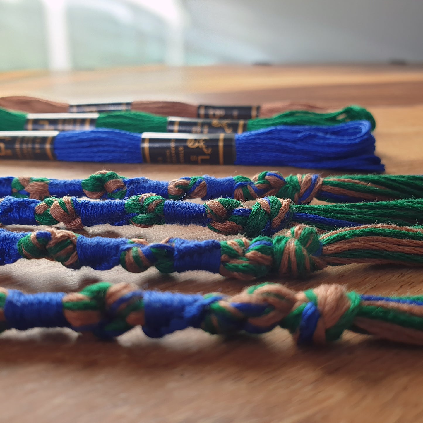 Tzitzit set of 4 - Green, Brown & Blue, Knotted YHWH (10-5-6-5), Traditional Tassels, Torah Fringe